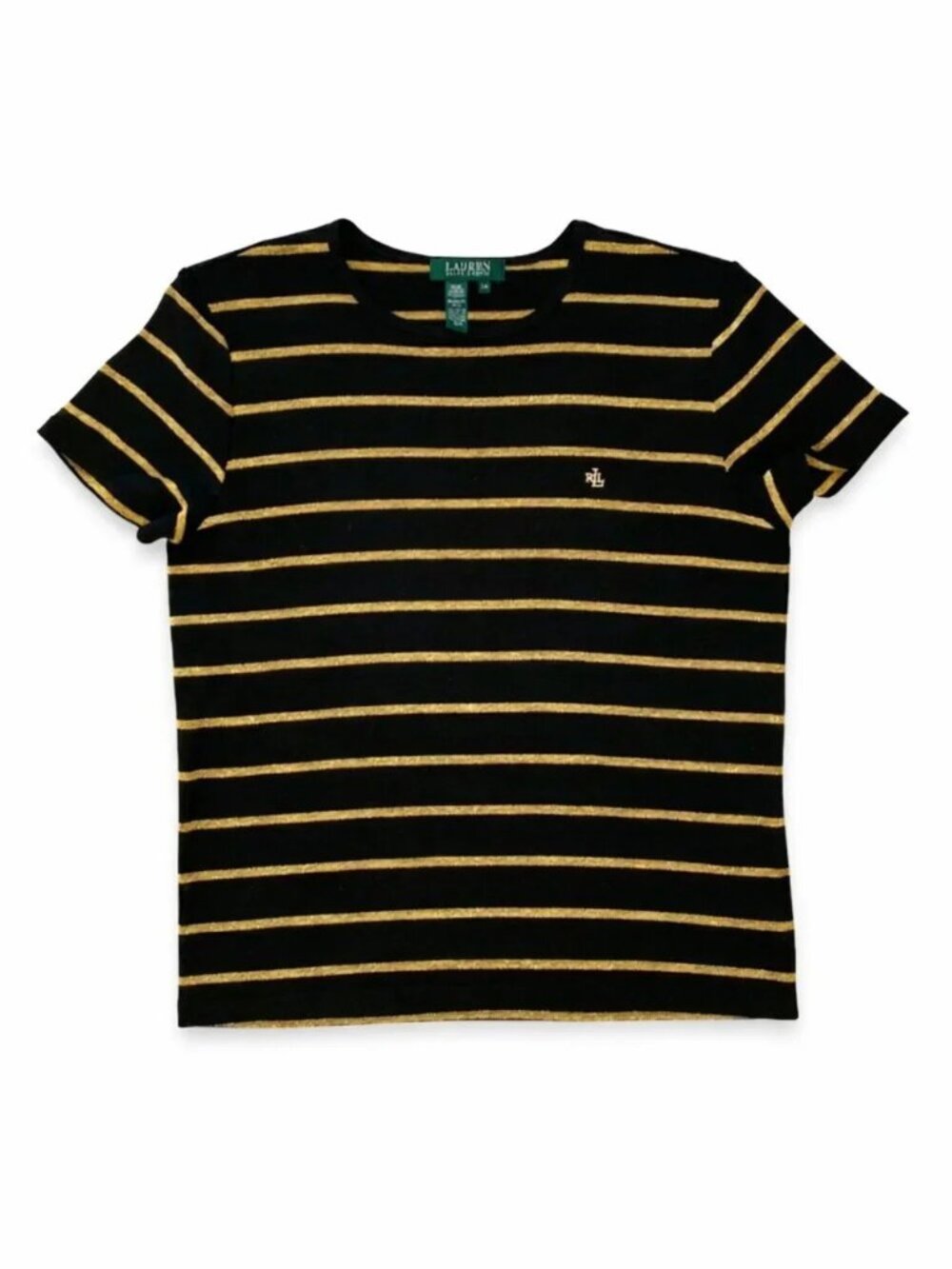 Ralph Lauren Cotton Metallic Black Gold Striped Chic Preppy Short Sleeve Tee PM